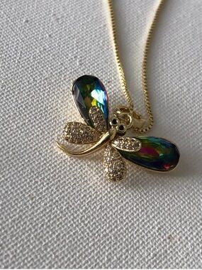 Gold Dragonfly Pendant Necklace with Iridescent Wings